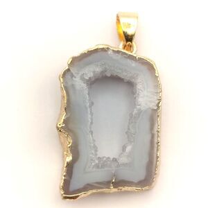 Natural Grey Agate Geode Slice Pendant Gold Electroplated Drusy Crystal Necklace
